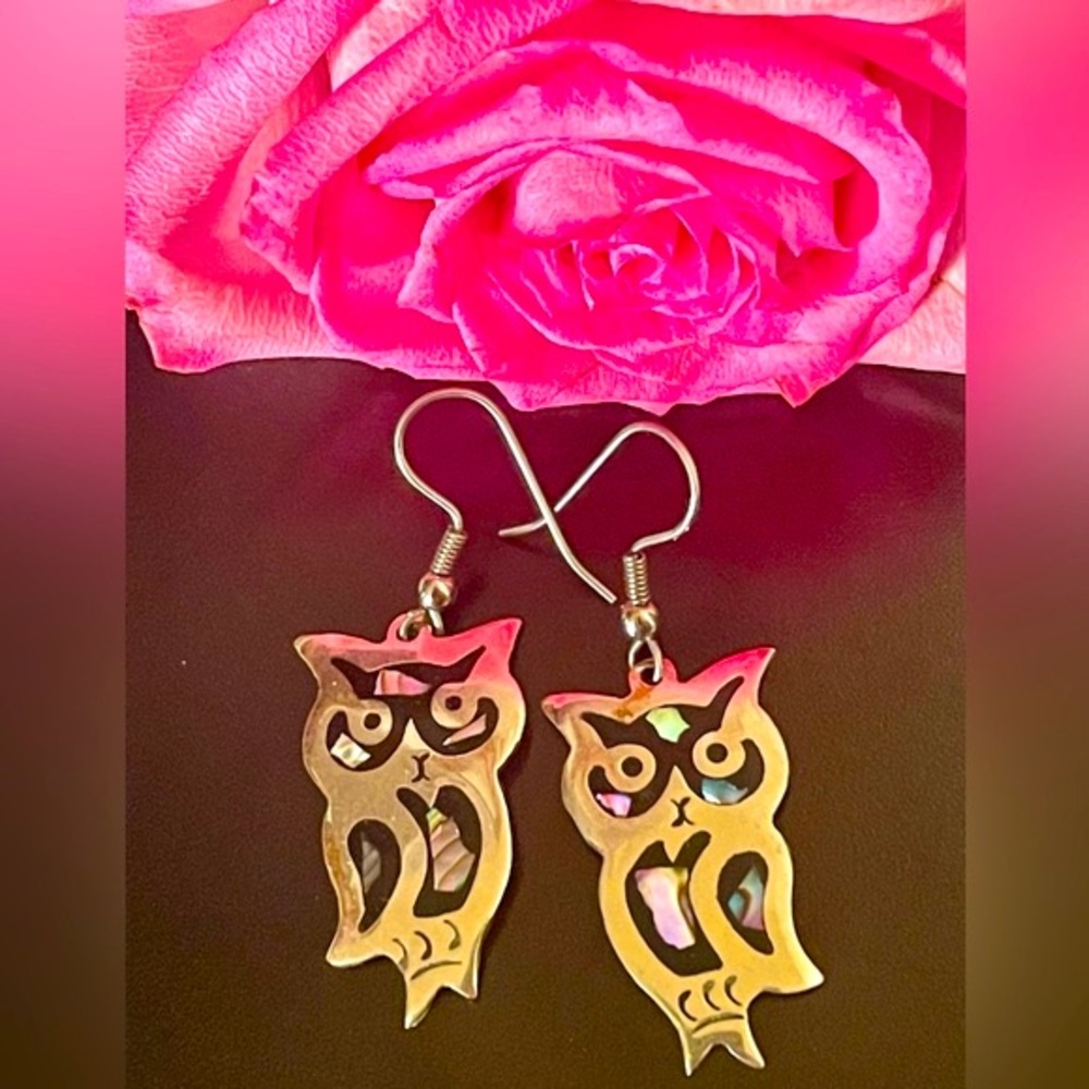 Vintage Alpaca Silver with Abalone Shell Black Onyx Owl Earrings - Picture 8 of 8